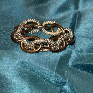 Large chunky layered chain link bracelets, gold tone &rhinestones